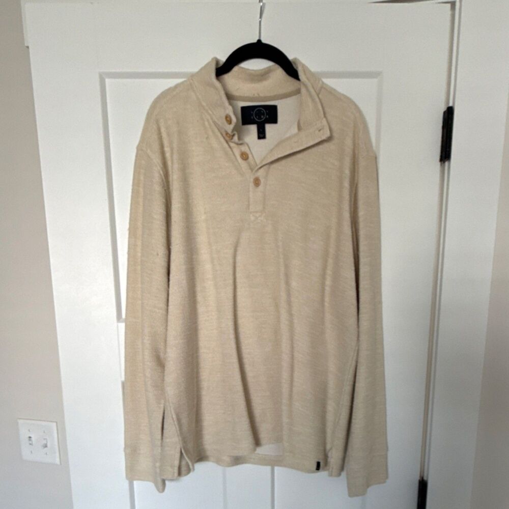 Even Tide Men's Mock Neck Pullover Sweater Beige Cotton Polyester Knit Button L